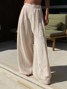 DAZY 女士宽松阔腿裤，优雅度假装，春秋季 - 杏色 - 查看 1