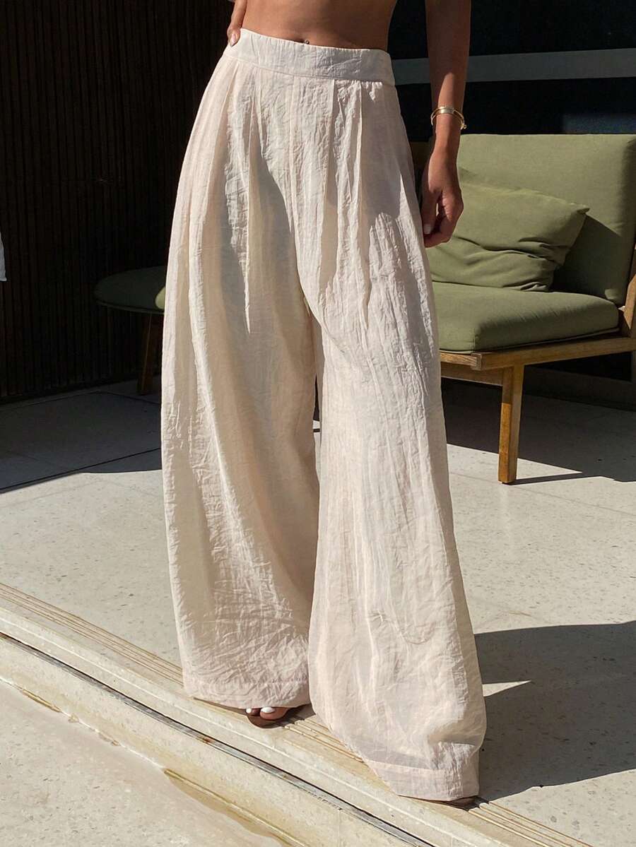 DAZY 女士宽松阔腿裤，优雅度假装，春秋季 - 杏色 - 查看 1