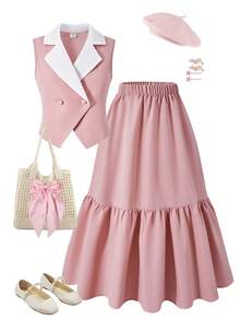 SHEIN Tween Girl Pink Faux Pearl Button Jacket And Pink Skirt Set - Pink - View 3