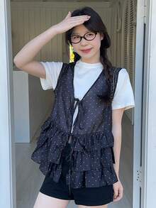 DAZY Women's V-Neck Polka Dot Ruffle Trim Elegant Blouse - Black - View 3