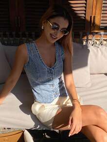 DAZY Women's V-Neck Sleeveless Open Front Casual Rhinestone Design Denim Blouse, Vacation Style - Light Wash - View 2