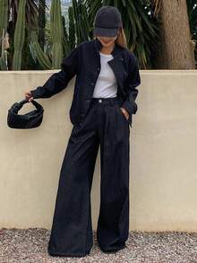 DAZY 女士宽松牛仔外套，立领设计，搭配阔腿裤，休闲优雅牛仔套装 - 深色水洗藍 - 查看 3