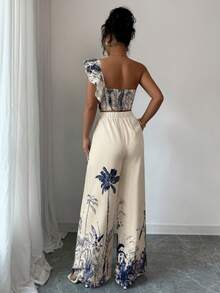 Elenzga Conjunto de 2 piezas con top de un hombro y pantalones de pierna ancha con estampado floral para mujer - Multicolor - Ver 2