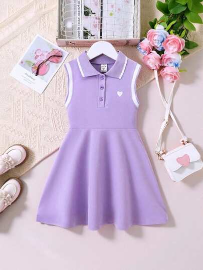 SHEIN Young Girl Heart Print Contrast Trim Polo Neck Dress Summer Holiday