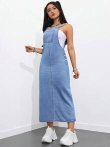 Rivivi 女士纯色休闲牛仔连衣裙 - 淺色水洗藍 - 查看 4