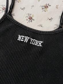 SHEIN Tween Girl 2pcs Set: Black Snowflake Embroidered Ribbed Knit Camisole Top And Casual Retro Snowflake Printed Pants - Grey - View 4