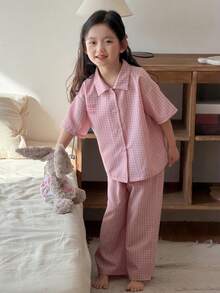 DAZY Young Girl Comfortable Plaid & Letter Print Short Sleeve Shirt And Pants Pajama Set, Summer - Pink - View 5