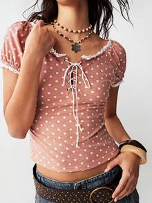 Bohemela Casual Polka Dot Pattern Fitted Women T-Shirt - Dusty Pink - View 6