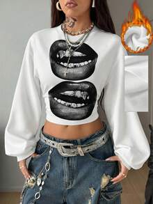 Coolane Casual Minimalist Street Style Black White Gray Lip Print Pattern Women's Thick Fleece Sweatshirt, Suitable For Autumn/Winter - Multicolor - View 5