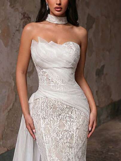 Glamrae Elegant White Luxurious Faux Pearl Lace Sequin Strapless Gown With Unique Front Panel, Draped Side Cascading Ruffles, Fishtail Hem, Suitable For All Formal Occasions, Weddings, Bridal Gown, Valentine's Day