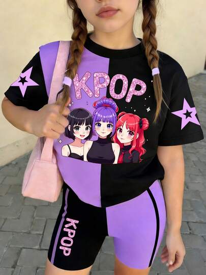 Conjunto de camiseta casual y pantalones cortos de ciclista con estampado gráfico de personaje de grupo musical virtual de chica púrpura y negro para niña preadolescente, estilo fresco y minimalista, adecuado para primavera, verano y otoño