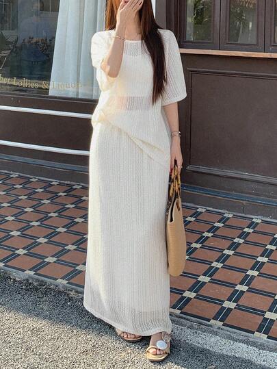 DAZY Women's Casual Solid Color Short Sleeve Top & Long Skirt 2-Piece Set