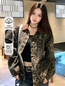 DAZY Blusa vaquera de manga larga con estampado de leopardo de color contrastante para mujer - Café integral - Ver 1