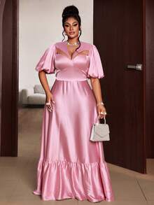 Maweii Sexy Solid Pink V-Neck Hollow Out Bodycon New Year Plus Size Puff Sleeve Dress - Pink - View 5