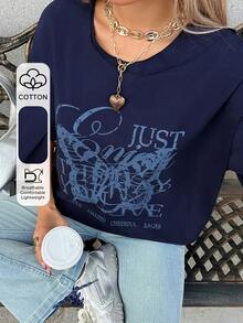 DAZY 女士字母蝴蝶印花宽松圆领落肩T恤 - 藏蓝色 - 查看 4