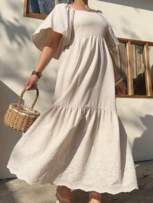 Dazy Plus Plus Size Solid Color Square Collar Ruffle Sleeve Loose Hem Contrast Lace Casual Long Apricot Dress, Spring/Summer Maxi Dress Sundress Vacation Outfits Women - White - View 5