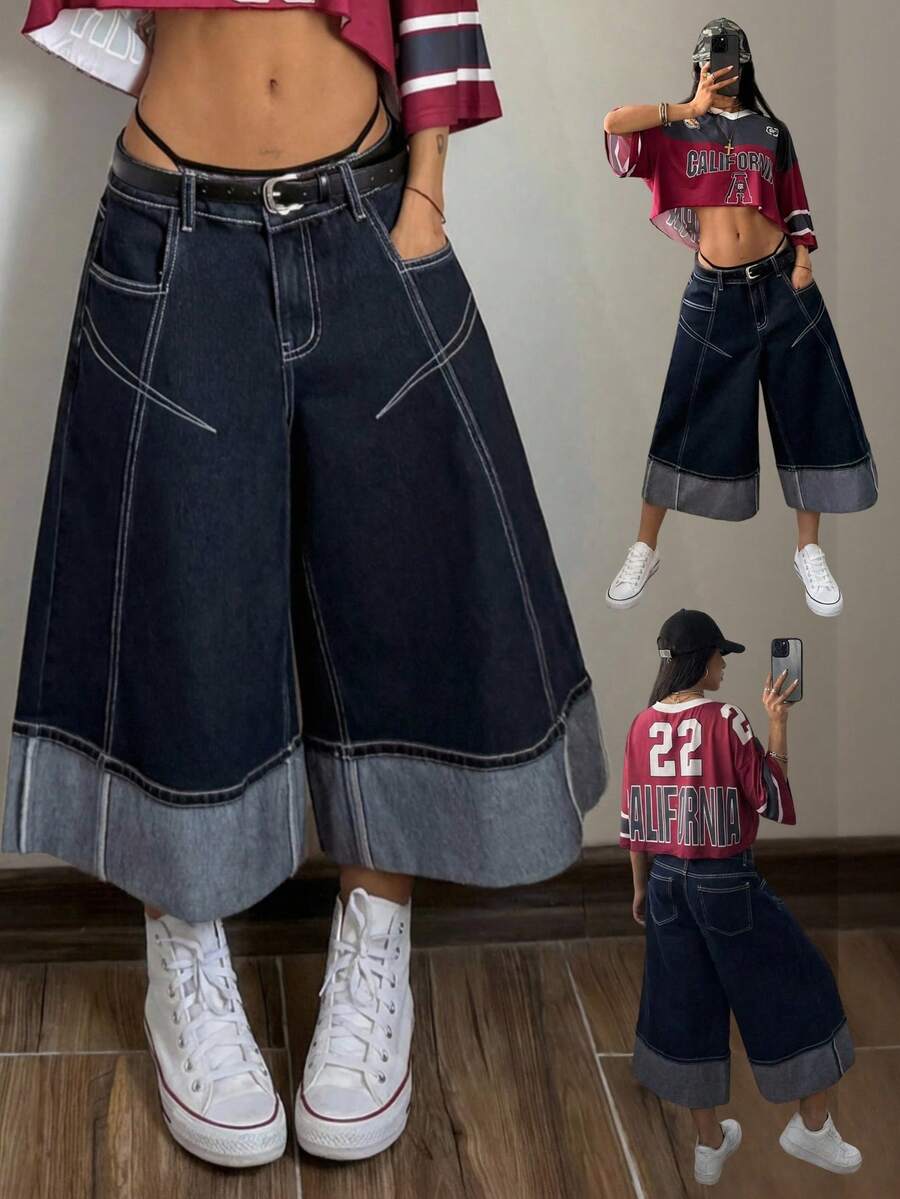 StreetHx Women's Versatile Casual Wide Leg Mid-Length Jeans - Dark Wash - View 1