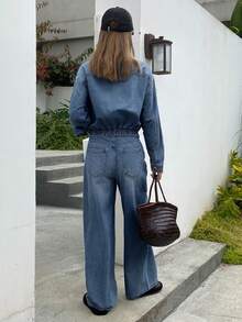 DAZY Women's Denim Jacket With Collar & Zipper And Loose Straight-Leg Jeans Casual Suit - Medium Wash - View 4