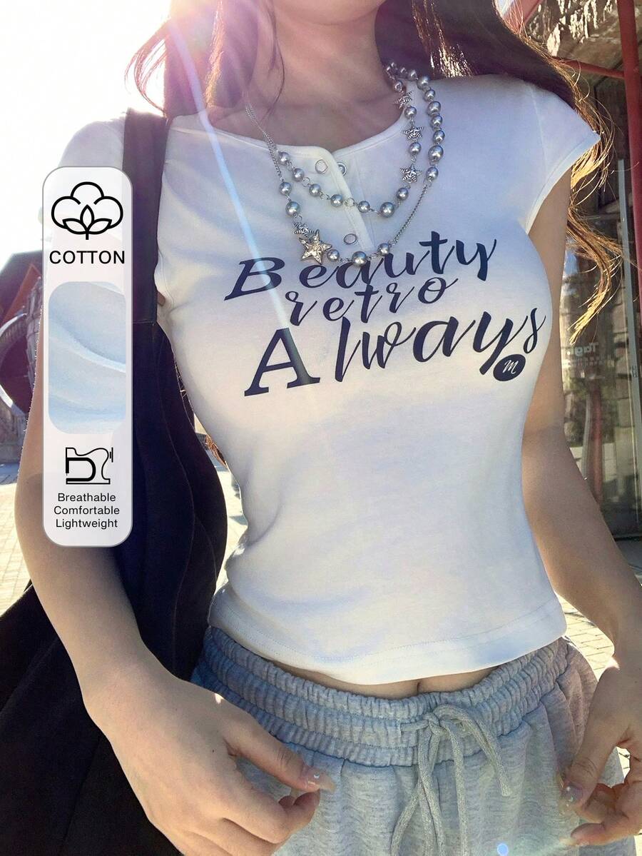 DAZY 女士夏季圆领字母印花半拉链休闲短袖T恤 - 白色 - 查看 1