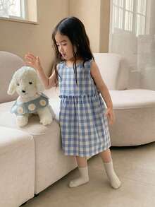 DAZY 女童圆领韩版格子休闲无袖家居服 - 藍色 - 查看 5