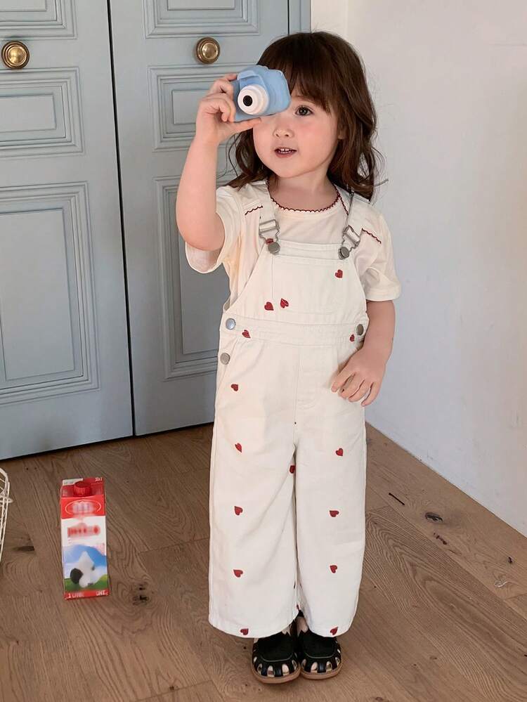 Infant/Toddler Girls' Heart Print Denim Bib Jumpsuit, Korean Style