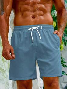 Manfinity Swimmode Men's Solid Color Drawstring Waist Beach Shorts, Summer Vacation (Printed Irregular)