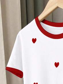 2pcs/Set Teen Girls Casual Heart Print Short Sleeve T-Shirt And Striped Shorts Set, Comfortable And Versatile For Spring, Summer, Autumn - White - View 5