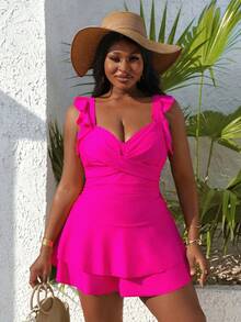 Slaydiva Plus Size Women Solid Color Strap Flounce Criss-Cross Front Tankini Swimsuit - Hot Pink - View 3