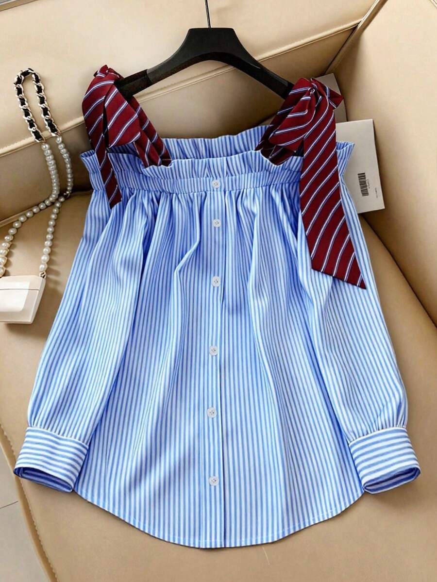 Franclia 休闲优雅宽松系领拼接荷叶边下摆大码女式衬衫 - 藍色 - 查看 1