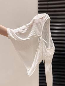 Resyla Women's Lightweight Tie Front Long Sleeve Blouse, Suitable For Summer Vacation - White - View 3