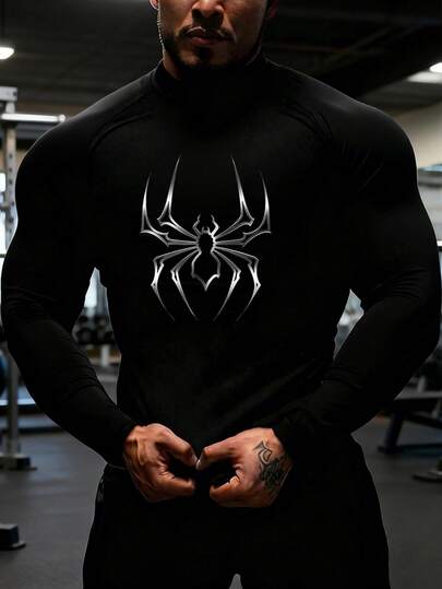 Manfinity Sport PWRUP Herr Trendig sport-T-shirt med spindelmönster och raglanärm, höst