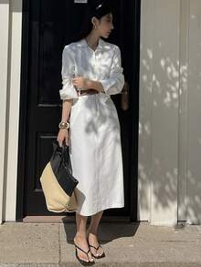 DAZY 春季女士休闲白色口袋翻领系带中长连衣裙 - 白色 - 查看 10