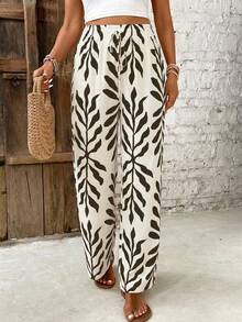 SHEIN PETITE CURVE Celana Kasual Wanita Ukuran Besar Motif Tumbuhan Pinggang Elastis - MultiWarna - View 4