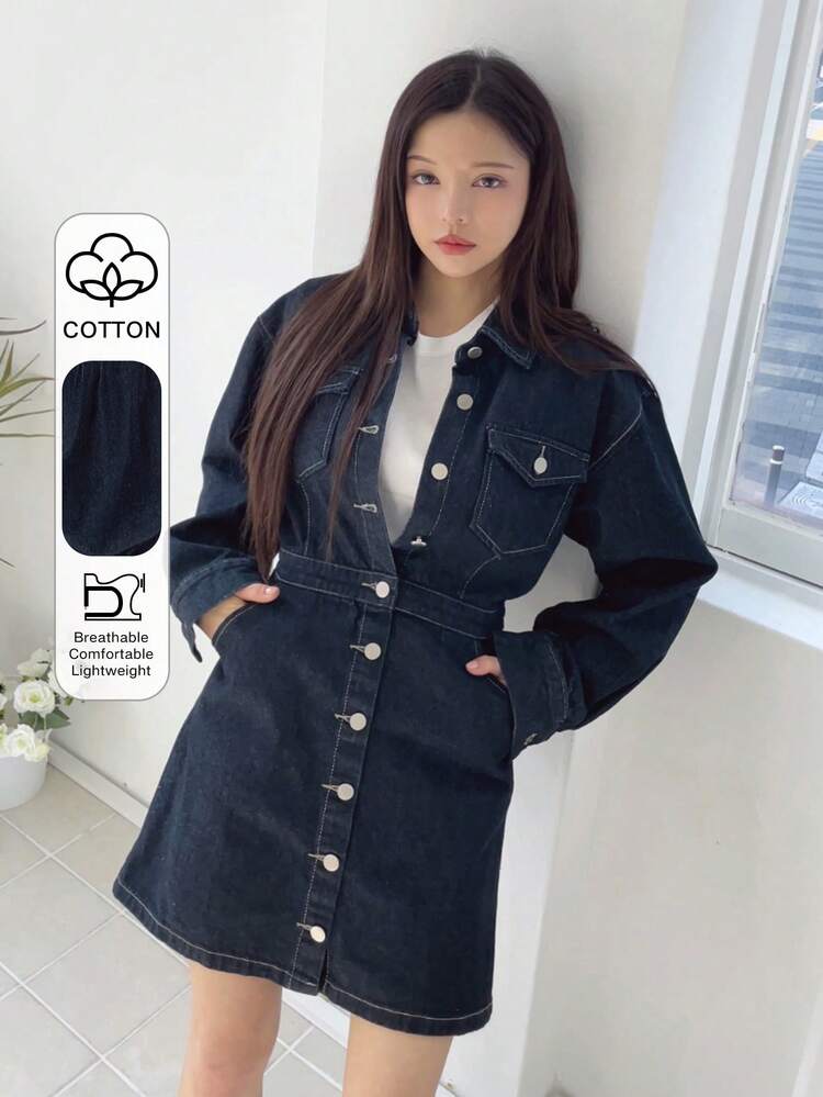 Washed Denim Shirt Dress Women Vintage Skirt Cinched Waist Dress