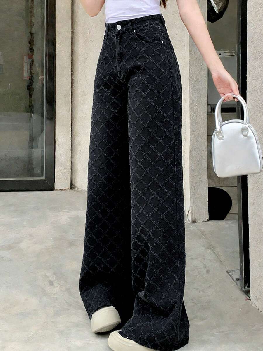 DAZY Women's Casual Loose Fit Patterned Jeans - Black - View 1