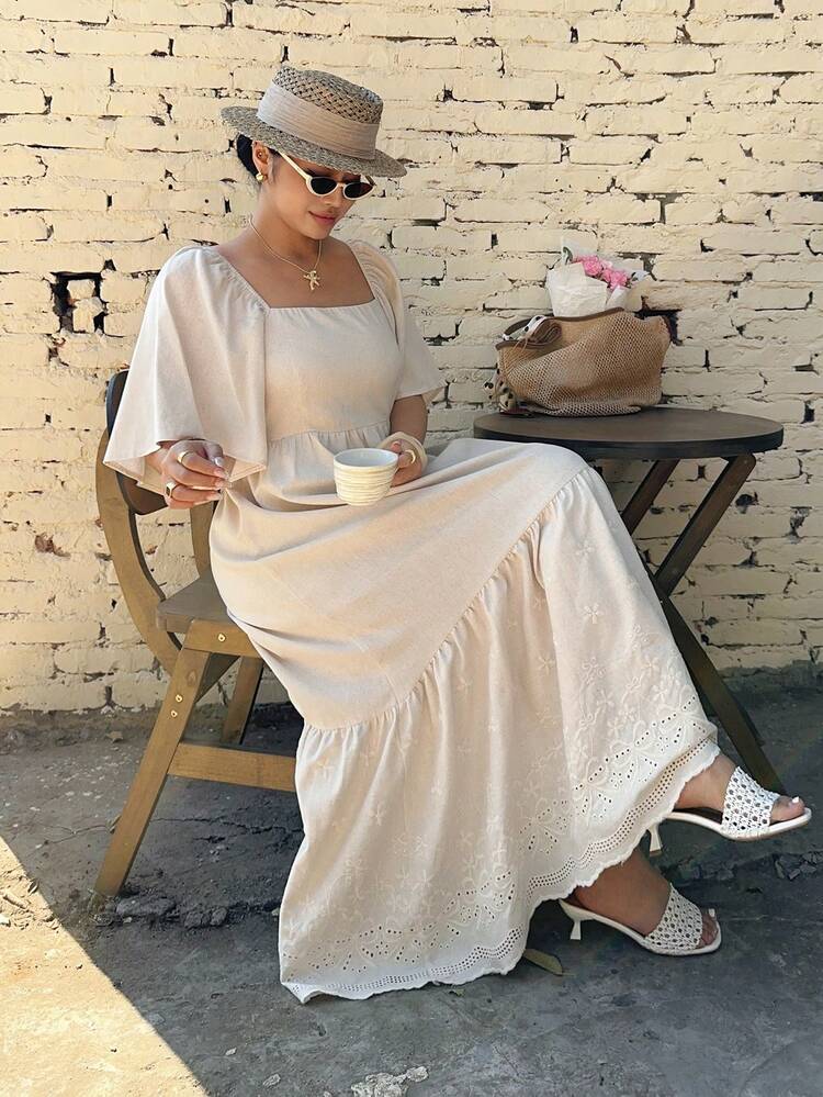 Dazy Plus Plus Size Solid Color Square Collar Ruffle Sleeve Loose Hem Contrast Lace Casual Long Apricot Dress, Spring/Summer Maxi Dress Sundress Vacation Outfits Women