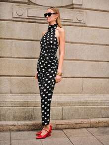Lumivelle Elegant Black And White Polka Dot Summer Halter Neck Maxi Dress,Satin French Retro Backless Bowknot Design,Side Ruched Waist Fitted Long Date Dress - Black - View 7