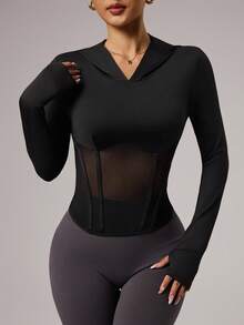 Dewbera Felpa sportiva casual e versatile, con cappuccio, maniche lunghe, polsini con foro per il pollice, slim fit, in nero con inserti in rete - nero - Visualizzare 3