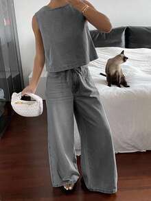 Livesso Women's Crew Neck Sleeveless Top And Drawstring Waist Wide Leg Jeans Casual Suit - Grey - View 3