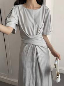 Livesso Đầm midi cổ tròn tối giản màu trơn dành cho nữ, đầm mùa hè mặc thường ngày thoải mái. - Xám - Xem 6