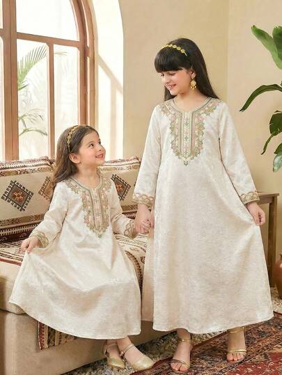 1pc Girls Loose Fit V-Neck Long Sleeve Floral Embossed Satin Maxi Dress, Elegant Princess Style For Birthday Party, Middle East, Suitable For Summer Kids Arabic Dress Mother And Daughter Matching Dresses Thobes For Kid Girls Mummy And Daughter Dress