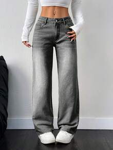 SHEIN PETITE Women's Low Waist Casual Loose Fit Jeans - Grey - View 3