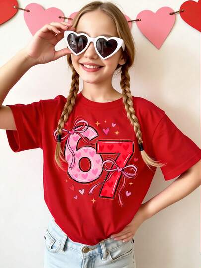 SHEIN GraphicGems Camiseta corta básica y relajada con estampado de corazón, flor, número 67, estrella, lazo y lema para niñas, de uso diario cómodo, estilos frescos y minimalistas apropiados para primavera, verano y otoño