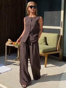 DAZY 2pcs Women's Elegant Formal Contrast Striped Sleeveless Top And Pants Suit Set, Spring/Autumn - Coffee Brown - View 3