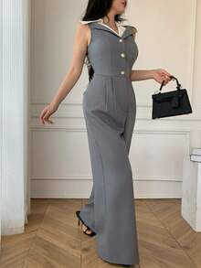 Celisse 女士休闲连体裤，适合办公室、通勤穿着，翻领，无袖，收腰，阔腿设计，适合春、夏、秋季穿着。 - 灰色 - 查看 5