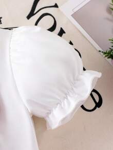 女婴针织泡泡袖蝴蝶结T恤上衣和裙子套装，粉色蝴蝶结设计，甜美女孩户外装，夏季 - 白色 - 查看 3