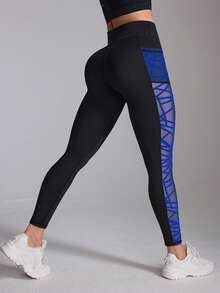 Easithlete Quần legging thể thao nữ cạp cao phối lưới thời trang - màu đen - Xem 3