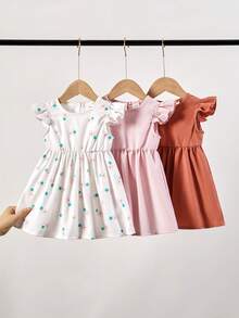 3件套女婴夏季休闲度假日常通勤纯色及印花荷叶边袖口腰部系带连衣裙套装 - 粉色 - 查看 9