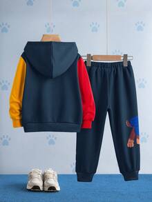 SHEIN | PAW Patrol 2件套男童卡通狗印花连帽卫衣和运动裤休闲运动套装 - 黑色 - 查看 2