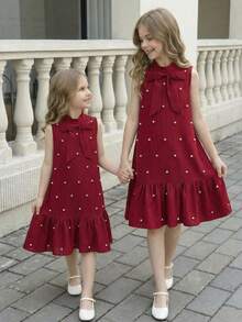 SHEIN Serisse Kids Girls Textured Fabric Beaded Bow Decor Mandarin Collar Sleeveless A-Line Dress, Tween Girl - Burgundy - View 6